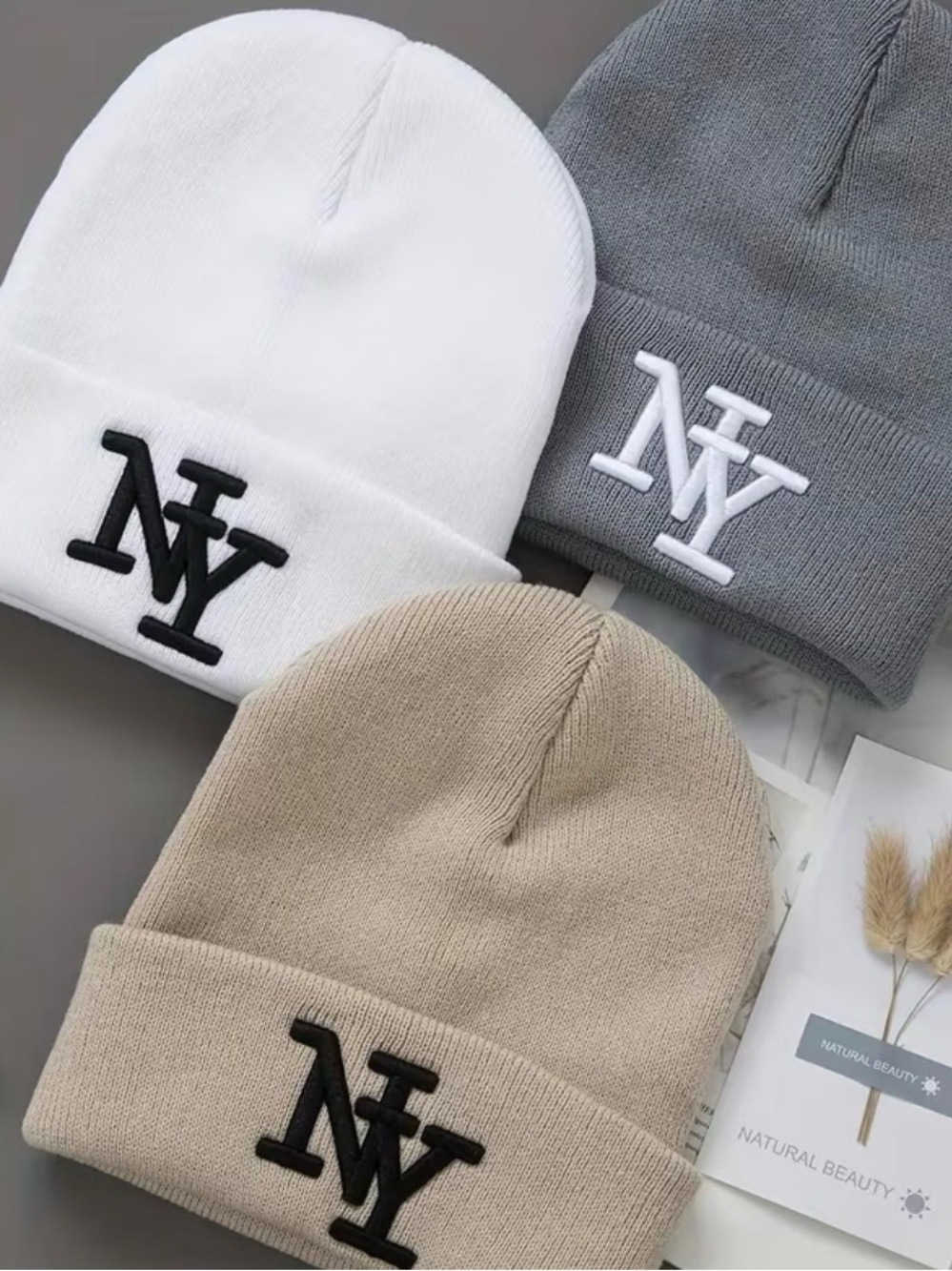 Embroidered Knit Beanie - Tan one only *only 1*